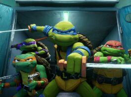 Donatello (voiced by Micah Abbey), Michelangelo (Shamon Brown Jr), Leonardo (Nicolas Cantu) and Raphael (Brady Noon) in Teenage Mutant Ninja Turtles: Mutant Mayhem, directed by Jeff Rowe and co-directed by Kyler Spears. Copyright: Paramount Pictures. All Rights Reserved. Teenage Mutant Ninja Turtles is a trademark of Viacom International Inc. All Rights Reserved.