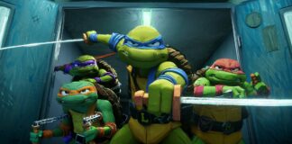 Donatello (voiced by Micah Abbey), Michelangelo (Shamon Brown Jr), Leonardo (Nicolas Cantu) and Raphael (Brady Noon) in Teenage Mutant Ninja Turtles: Mutant Mayhem, directed by Jeff Rowe and co-directed by Kyler Spears. Copyright: Paramount Pictures. All Rights Reserved. Teenage Mutant Ninja Turtles is a trademark of Viacom International Inc. All Rights Reserved.