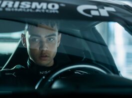 Archie Madekwe as Jann Mardenborough in Gran Turismo, directed by Neill Blomkamp. Photo: Gordon Timpen. Copyright: CTMG. All Rights Reserved. Gran Turismo is a trademark of Sony Interactive Entertainment Inc. All Rights Reserved.