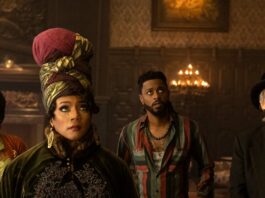 Rosario Dawson as Gabbie, Tiffany Haddish as Harriet, LaKeith Stanfield as Ben, nd Owen Wilson as Father Kent in Haunted Mansion, directed by Justin Simien. Photo: Jalen Marlowe. Copyright: Disney Enterprises, Inc. All Rights Reserved.