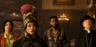 Rosario Dawson as Gabbie, Tiffany Haddish as Harriet, LaKeith Stanfield as Ben, nd Owen Wilson as Father Kent in Haunted Mansion, directed by Justin Simien. Photo: Jalen Marlowe. Copyright: Disney Enterprises, Inc. All Rights Reserved.