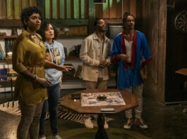 Antoinette Robertson as Lisa, Grace Byers as Allison, Jermaine Fowler as Clifton, and Dewayne Perkins as Dewayne in The Blackening, directed by Tim Story. Photo: Glen Wilson. Copyright: Lionsgate. All Rights Reserved.