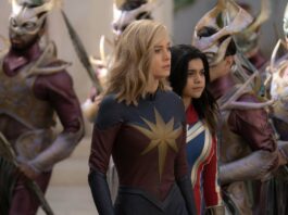 Brie Larson as Captain Marvel/Carol Danvers and Iman Vellani as Ms. Marvel/Kamala Khan in The Marvels, directed by Nia DaCosta. Photo: Laura Radford. Copyright: Marvel. All Rights Reserved.
