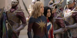 Brie Larson as Captain Marvel/Carol Danvers and Iman Vellani as Ms. Marvel/Kamala Khan in The Marvels, directed by Nia DaCosta. Photo: Laura Radford. Copyright: Marvel. All Rights Reserved.