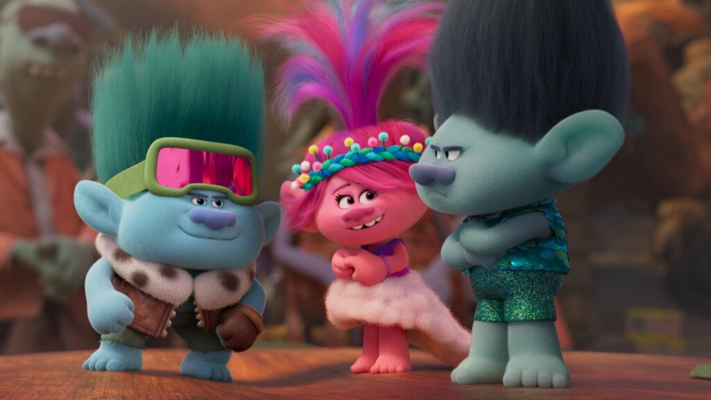 John Dory (voiced by Eric Andre), Poppy (Anna Kendrick) and Branch (Justin Timberlake) in Trolls Band Together, directed by Walt Dohrn and co-directed by Tim Heitz. Copyright: DreamWorks Animation/Universal Pictures. All Rights Reserved.