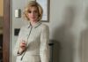 Anne Hathaway as Dr Rebecca St John in Eileen, directed by William Oldroyd. Photo: Jeong Park. Copyright: Universal Pictures. All Rights Reserved.