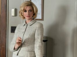 Anne Hathaway as Dr Rebecca St John in Eileen, directed by William Oldroyd. Photo: Jeong Park. Copyright: Universal Pictures. All Rights Reserved.