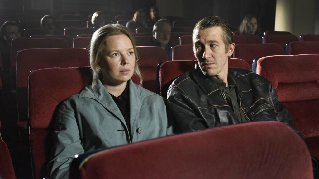 Alma Poysti as Ansa and Jussi Vatanen as Holappa in Fallen Leaves, directed by Aki Kaurismaki. Photo: Malla Hukkanen. Copyright: Sputnik/MUBI. All Rights Reserved.