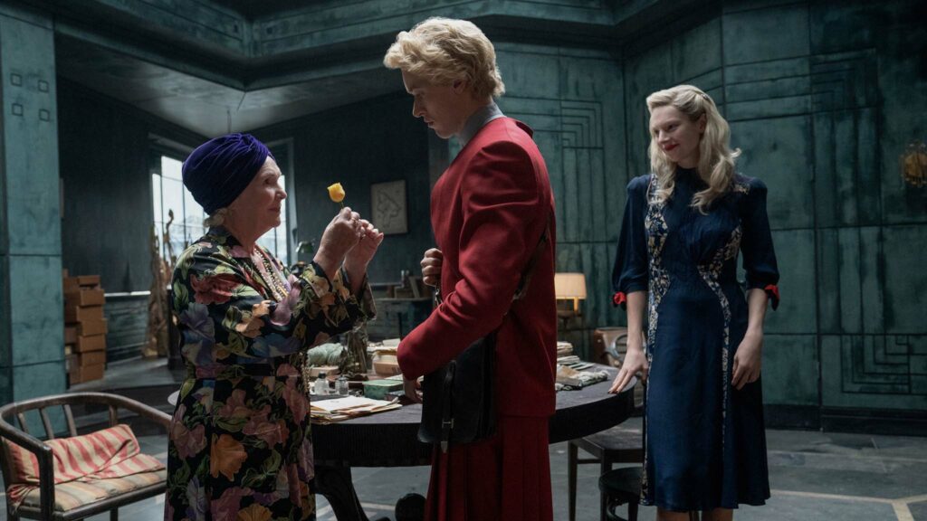 Fionnula Flanagan as Grandma'am, Tom Blyth as Coriolanus Snow and Hunter Schafer as Tigris Snow in The Hunger Games: The Ballad Of Songbirds & Snakes, directed by Francis Lawrence. Photo: Murray Close. Copyright: Lionsgate. All Rights Reserved.