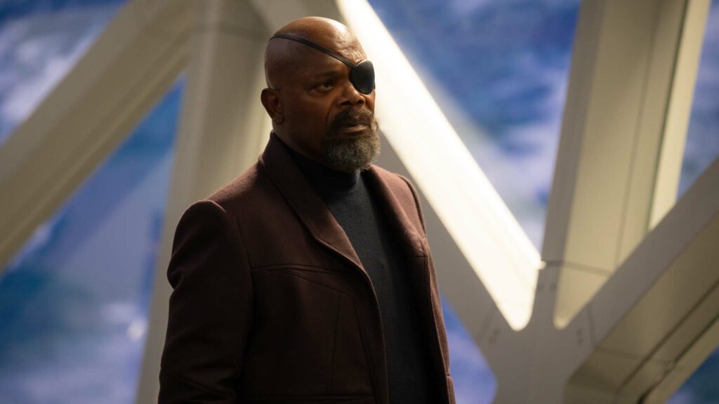 Samuel L. Jackson as Nick Fury in The Marvels, directed by Nia DaCosta. Photo: Laura Radford. Copyright: Marvel. All Rights Reserved.