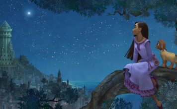 Asha (voiced by Ariana DeBose) and pyjama-wearing goat Valentino (Alan Tudyk) in Wish, directed by Chris Buck and Fawn Veerasunthorn. Copyright: Disney. All Rights Reserved.