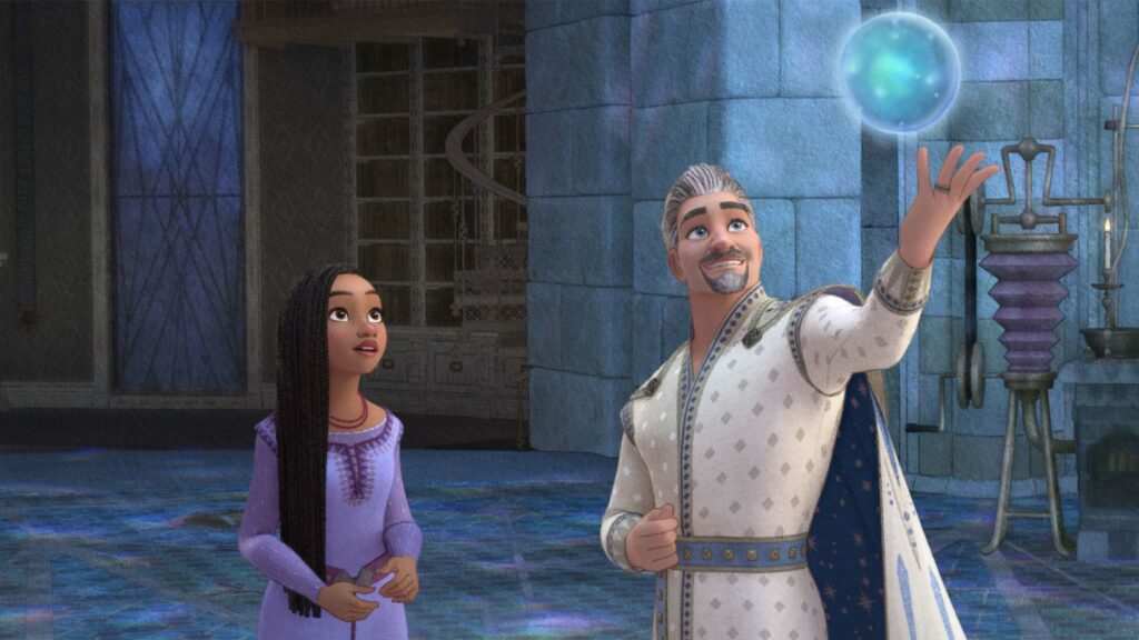 Asha (voiced by Ariana DeBose) and King Magnifico (Chris Pine) in Wish, directed by Chris Buck and Fawn Veerasunthorn. Copyright: Disney. All Rights Reserved.