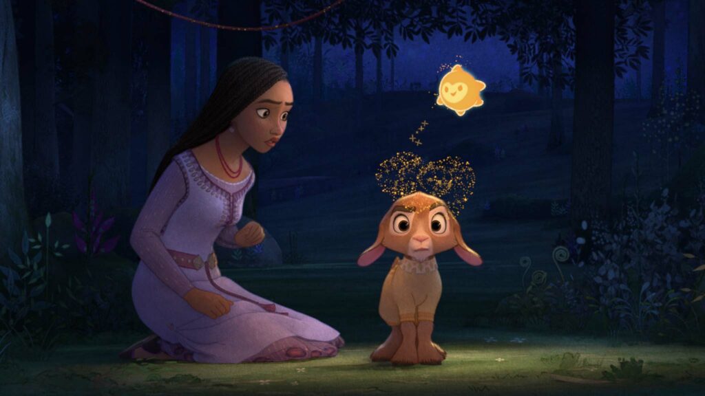 Asha (voiced by Ariana DeBose) and pyjama-wearing goat Valentino (Alan Tudyk) in Wish, directed by Chris Buck and Fawn Veerasunthorn. Copyright: Disney. All Rights Reserved.