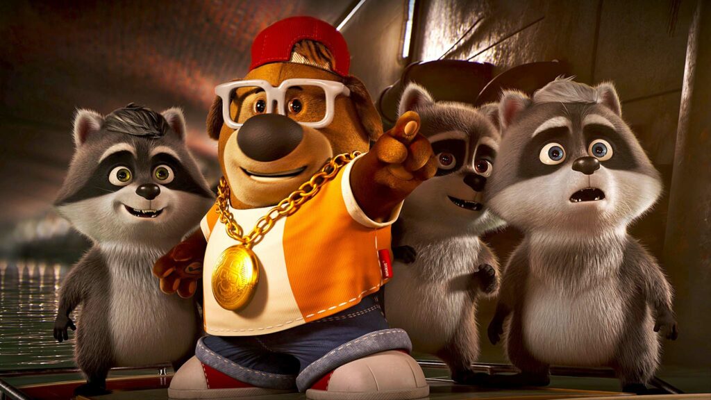 DJ Doggy Dog (voiced by Jordan Baird) and the raccoon babies in The Inseparables, directed by Jeremie Degruson. Copyright: Signature Entertainment. All Rights Reserved.