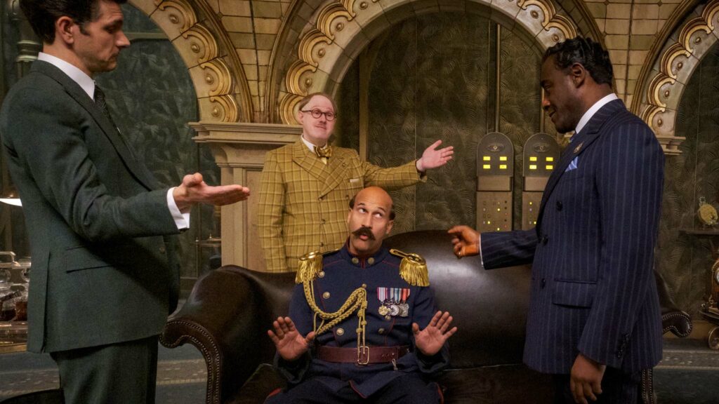 Mathew Baynton as Fickelgruber, Matt Lucas as Prodnose, Keegan-Michael Key as Chief of Police and Paterson Joseph as Slugworth in Wonka, directed by Paul King. Photo: Jaap Buittendijk. Copyright: Warner Bros. Entertainment Inc. All Rights Reserved.