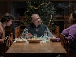 Dominic Sessa as Angus Tully, Paul Giamatti as Paul Hunham and Da’Vine Joy Randolph as Mary Lamb in The Holdovers, directed by Alexander Payne. Photo: Seacia Pavao. Copyright: Focus Features LLC. All Rights Reserved.