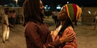 Kingsley Ben-Adir as Bob Marley and Lashana Lynch as Rita Marley in Bob Marley: One Love. directed by Reinaldo Marcus Green. Photo: Chiabella James. Copyright: Paramount Pictures. All Rights Reserved.