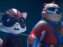 Sweetie aka Gallant Glider (voiced by Ed Oxenbould) and Maggie Diggins aka Combat Wombat (Deborah Mailman) in Combat Wombat: Double Trouble, directed by Ricard Cusso and co-directed by Tania Vincent. Copyright: Signature Entertainment. All Rights Reserved.