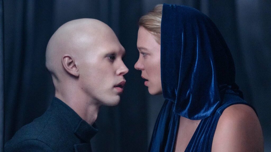 Austin Butler as Feyd-Rautha Harkonnen and Lea Seydoux as Lady Margot Fenring in Dune: Part Two, directed by Denis Villeneuve. Photo: Niko Tavernise. Copyright: Warner Bros. Entertainment Inc. All Rights Reserved.