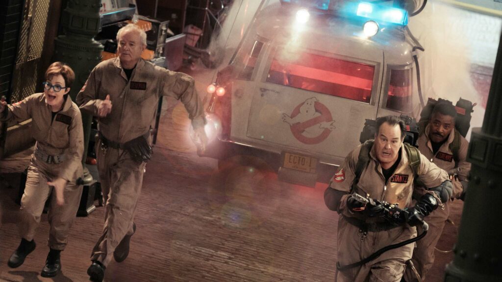 Annie Potts as Janine, Bill Murray as Peter, Dan Aykroyd as Ray and Ernie Hudson as Winston in Ghostbusters: Frozen Empire, directed by Gil Kenan. Photo: Jaap Buitendijk. Copyright: CTMG, Inc. All Rights Reserved.