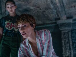 Kaylee Hottle as Jia and Rebecca Hall as Dr Ilene Andrews in Godzilla x Kong: The New Empire, directed by Adam Wingard. Photo: Dan McFadden. Copyright: Warner Bros. Entertainment Inc. All Rights Reserved.