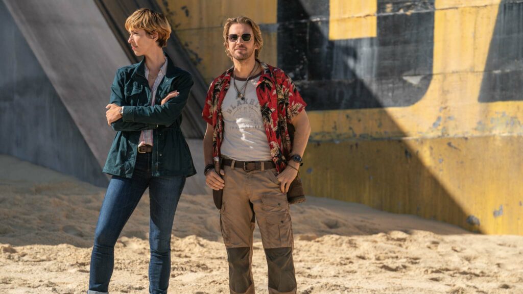 Rebecca Hall as Dr Ilene Andrews and Dan Stevens as Trapper in Godzilla x Kong: The New Empire, directed by Adam Wingard. Photo: Dan McFadden. Copyright: Warner Bros. Entertainment Inc. All Rights Reserved.