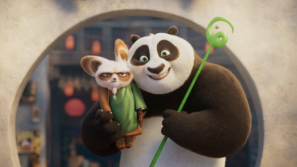 Shifu (voiced by Dustin Hoffman) and Po (Jack Black) in Kung Fu Panda 4, directed by Mike Mitchell and co-directed by Stephanie Ma Stine. Copyright: DreamWorks Animation LLC. All Rights Reserved.