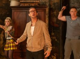 Kathryn Newton as Sammy, Dan Stevens as Frank and Kevin Durand as Peter in Abigail, directed by Matt Bettinelli-Olpin & Tyler Gillett. Photo: Bernard Walsh. Copyright: Universal Studios. All Rights Reserved.