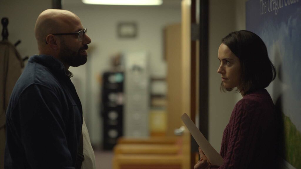 Dave Merheje as Robert and Daisy Ridley as Fran in Sometimes I Think About Dying, directed by Rachel Lambert. Copyright: Vertigo Releasing. All Rights Reserved.