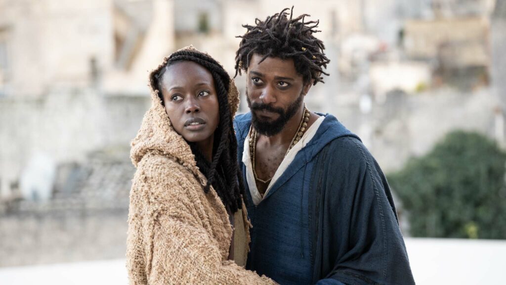 Anna Diop as Varinia and LaKeith Stanfield as Clarence in The Book Of Clarence, directed by Jeymes Samuel. Photo: Moris Puccio. Copyright: Legendary Entertainment. All Rights Reserved.