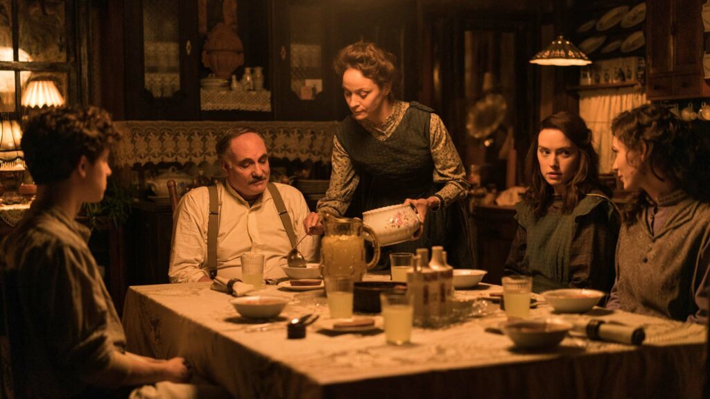 Ethan Rouse as Henry Ederle Jnr, Kim Bodnia as Henry Ederle, Jeanette Hain as Gertrud Ederle, Daisy Ridley as Trudy Ederle and Tilda Cobham-Hervey as Margaret Ederle in Young Woman And The Sea, directed by Joachim Ronning. Photo: Elena Nenkova. Copyright: Disney Enterprises, Inc. All Rights Reserved.