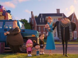 Minions (voiced by Pierre Coffin), Silas (Steve Coogan), Edith (Dana Gaier), Agnes (Madison Polan), Margo (Miranda Cosgrove), Gru Jr, Lucy (Kristen Wiig) and Gru (Steve Carell) in Despicable Me 4, directed by Chris Renaud and Patrick Delage. Copyright: Illumination Entertainment/Universal Studios. All Rights Reserved.