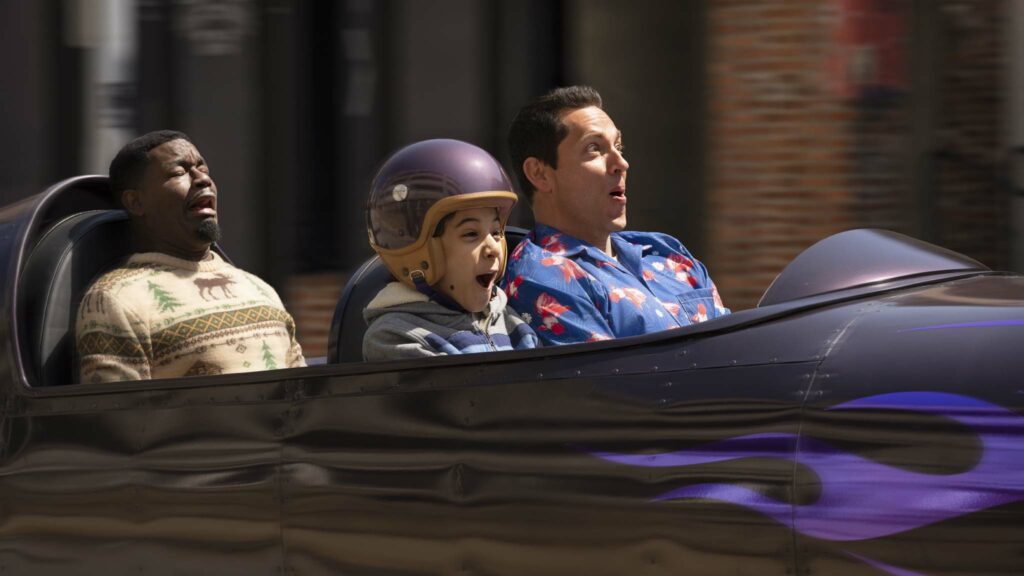 Lil Rel Howery as Moose, Benjamin Bottani as Mel and Zachary Levi as Harold in Harold And The Purple Crayon. Photo: Hopper Stone. Copyright: CTMG. All Rights Reserved.