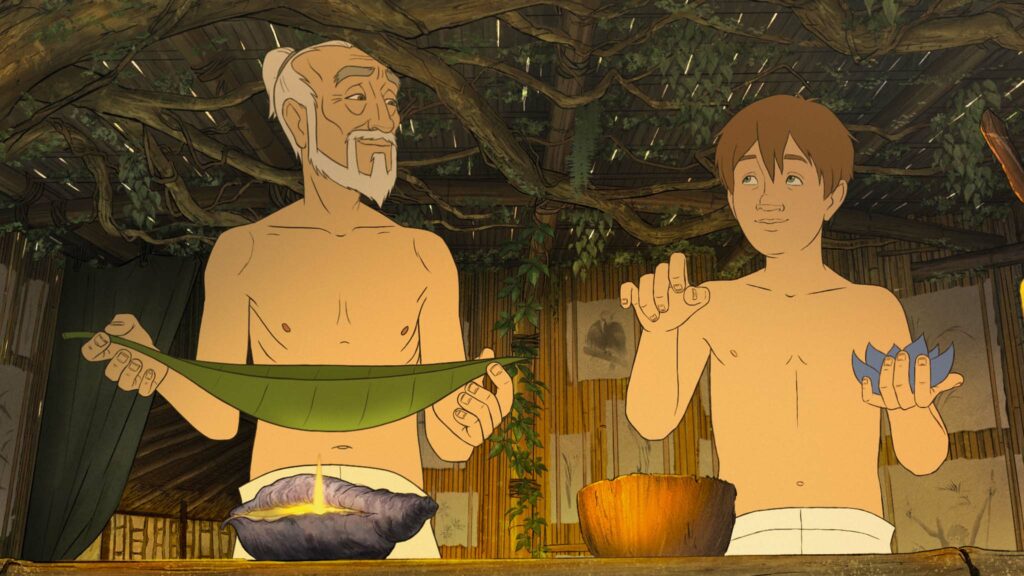 Kensuke (voiced by ken Watanabe) and Michael (Aaron MacGregor) in Kensuke’s Kingdom, directed by Neil Boyle and Kirk Hendry. Copyright: Modern Films. All Rights Reserved.