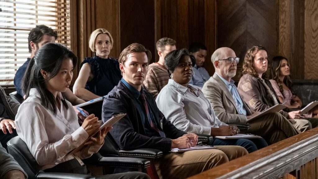 Leslie Bibb, Nicholas Hoult as Justin Kemp, Adrienne C Moore and JK Simmons as Harold in Juror #2, directed by Clint Eastwood. Photo: Claire Folger. Copyright: Warner Bros. Entertainment Inc. All Rights Reserved.