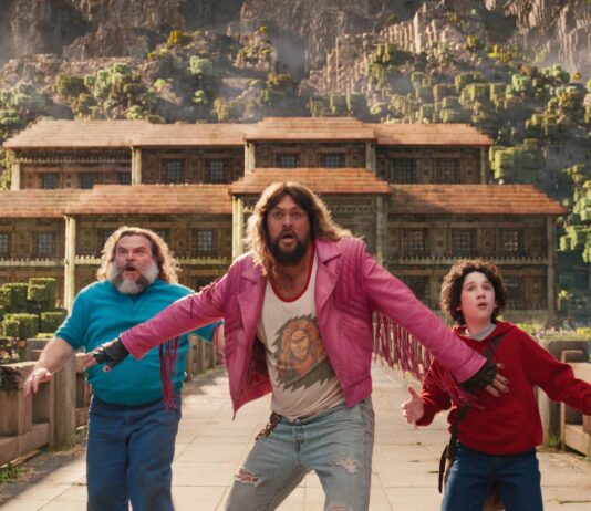 Jack Black as Steve, Jason Momoa as Garrett and Sebastian Hansen as Henry in A Minecraft Movie, directed by Jared Hess. Copyright: Warner Bros. Entertainment Inc. All Rights Reserved.