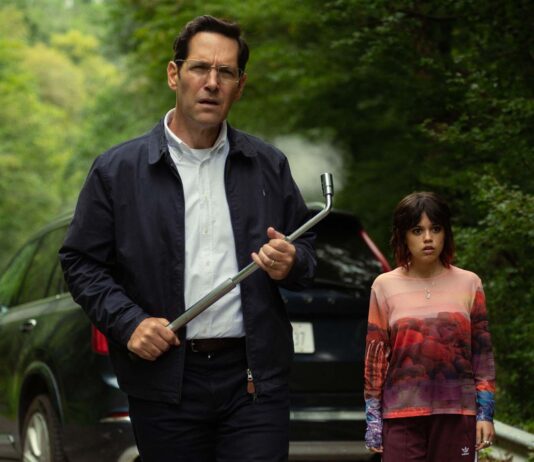 Paul Rudd as Elliot Kintner and Jenna Ortega as Ridley Kintner in Death of A Unicorn, directed by Alex Scharfman. Copyright: A24 Films. All Rights Reserved.