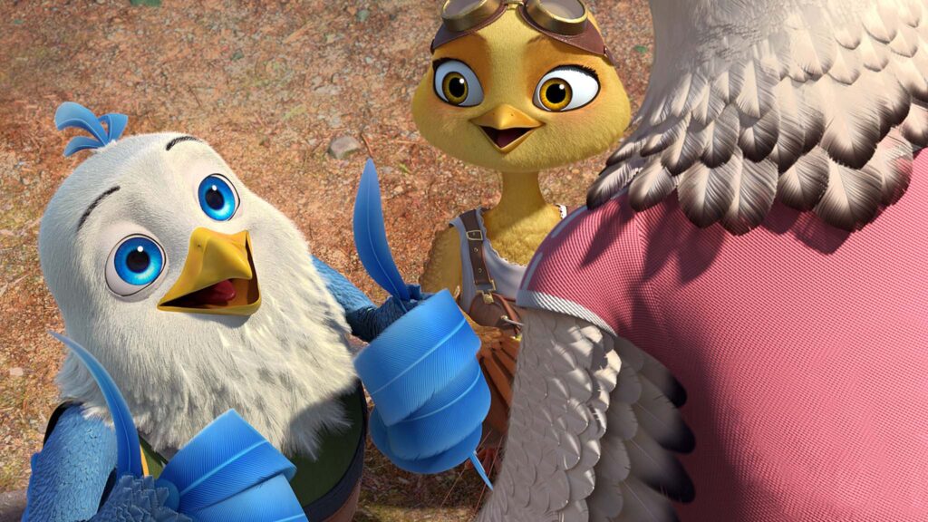Goldbeak (voiced by David Henrie) and Ratchet (Rachell Marie Hofstetter aka Valkyrae) in Goldbeak, directed by Dong Long and Nigel W Tierney. Copyright: Dazzler Media. All Rights Reserved.