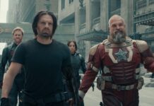 Wyatt Russell as John Walker, Sebastian Stan as Bucky Barnes, Hannah John-Kamen as Ghost and David Harbour as Alexei Shostakov/Red Guardian in Thunderbolts*, directed by Jake Schreier. Copyright: Marvel Studios. All Rights Reserved.