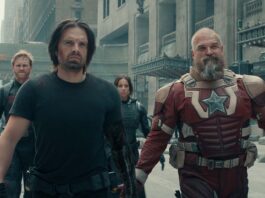 Wyatt Russell as John Walker, Sebastian Stan as Bucky Barnes, Hannah John-Kamen as Ghost and David Harbour as Alexei Shostakov/Red Guardian in Thunderbolts*, directed by Jake Schreier. Copyright: Marvel Studios. All Rights Reserved.