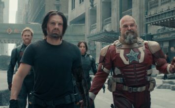Wyatt Russell as John Walker, Sebastian Stan as Bucky Barnes, Hannah John-Kamen as Ghost and David Harbour as Alexei Shostakov/Red Guardian in Thunderbolts*, directed by Jake Schreier. Copyright: Marvel Studios. All Rights Reserved.