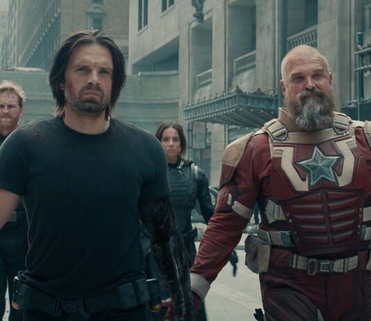 Wyatt Russell as John Walker, Sebastian Stan as Bucky Barnes, Hannah John-Kamen as Ghost and David Harbour as Alexei Shostakov/Red Guardian in Thunderbolts*, directed by Jake Schreier. Copyright: Marvel Studios. All Rights Reserved.