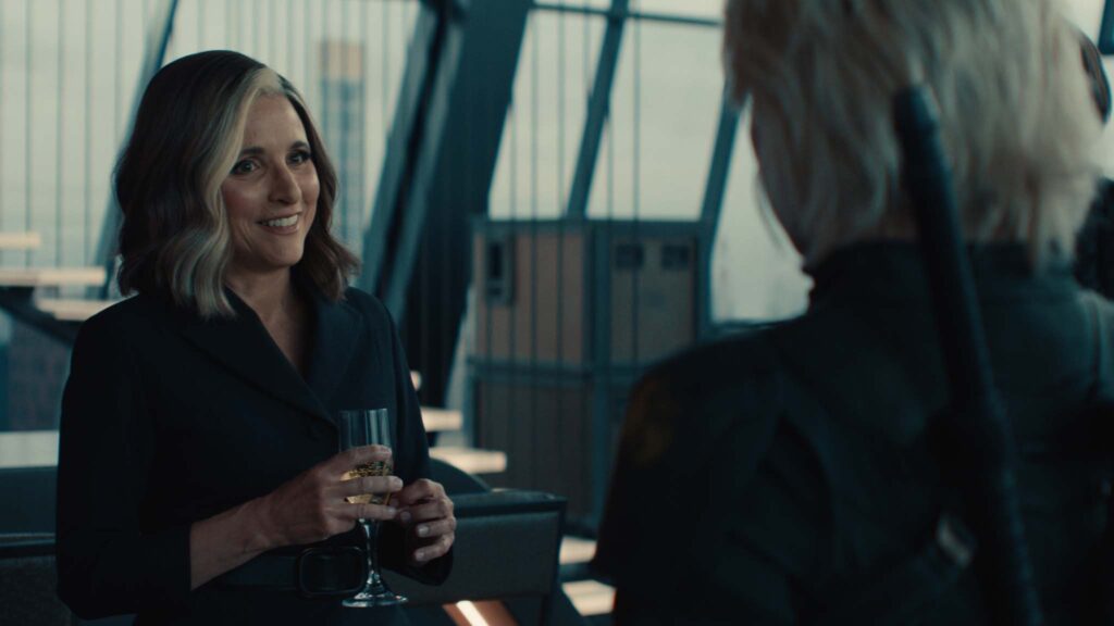 Julia Louis-Dreyfus as Valentina Allegra De Fontaine and Florence Pugh as Yelena Belova in Thunderbolts*, directed by Jake Schreier. Copyright: Marvel Studios. All Rights Reserved.