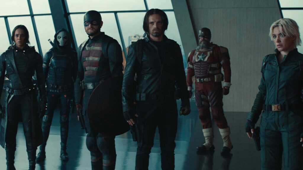 Hannah John-Kamen as Ghost, Olga Kurylenko as Taskmaster, Wyatt Russell as John Walker, Sebastian Stan as Bucky Barnes, David Harbour as Alexei Shostakov/Red Guardian and Florence Pugh as Yelena Belova in Thunderbolts*, directed by Jake Schreier. Copyright: Marvel Studios. All Rights Reserved.