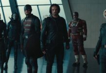 Hannah John-Kamen as Ghost, Olga Kurylenko as Taskmaster, Wyatt Russell as John Walker, Sebastian Stan as Bucky Barnes, David Harbour as Alexei Shostakov/Red Guardian and Florence Pugh as Yelena Belova in Thunderbolts*, directed by Jake Schreier. Copyright: Marvel Studios. All Rights Reserved.