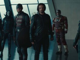 Hannah John-Kamen as Ghost, Olga Kurylenko as Taskmaster, Wyatt Russell as John Walker, Sebastian Stan as Bucky Barnes, David Harbour as Alexei Shostakov/Red Guardian and Florence Pugh as Yelena Belova in Thunderbolts*, directed by Jake Schreier. Copyright: Marvel Studios. All Rights Reserved.