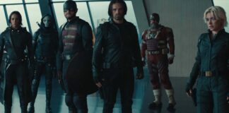 Hannah John-Kamen as Ghost, Olga Kurylenko as Taskmaster, Wyatt Russell as John Walker, Sebastian Stan as Bucky Barnes, David Harbour as Alexei Shostakov/Red Guardian and Florence Pugh as Yelena Belova in Thunderbolts*, directed by Jake Schreier. Copyright: Marvel Studios. All Rights Reserved.