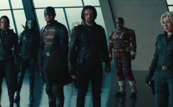 Hannah John-Kamen as Ghost, Olga Kurylenko as Taskmaster, Wyatt Russell as John Walker, Sebastian Stan as Bucky Barnes, David Harbour as Alexei Shostakov/Red Guardian and Florence Pugh as Yelena Belova in Thunderbolts*, directed by Jake Schreier. Copyright: Marvel Studios. All Rights Reserved.
