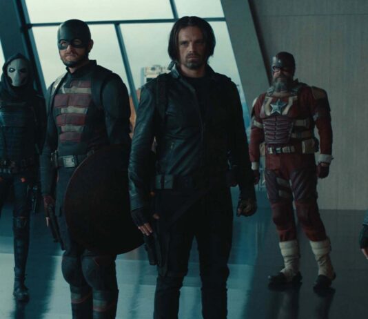 Hannah John-Kamen as Ghost, Olga Kurylenko as Taskmaster, Wyatt Russell as John Walker, Sebastian Stan as Bucky Barnes, David Harbour as Alexei Shostakov/Red Guardian and Florence Pugh as Yelena Belova in Thunderbolts*, directed by Jake Schreier. Copyright: Marvel Studios. All Rights Reserved.