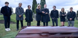 Teo Briones as Charlie, Andrew Tinpo Lee as Marty, Kaitlyn Santa Juana as Stefanie, April Amber Telek as Aunt Brenda, Alex Zahara as Uncle Howard, Richard Harmon as Erik, Anna Lore as Julia, Owen Patrick Joyner as Bobby in Final Destination Bloodlines, directed by Adam Stein and Zach Lipovsky. Photo: Eric Milner. Copyright: Warner Bros. Entertainment Inc. All Rights Reserved.